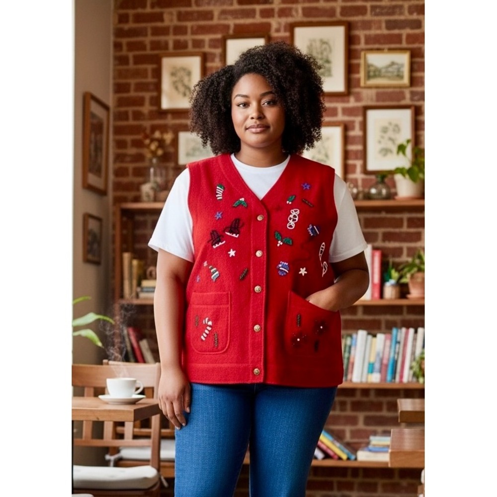 Cambridge Clothing Co Boiled Wool Christmas‎ Vest L Red Embroidered Hong Kong